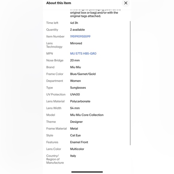 miu miu 57TS HB5-GRO Blue garnet gold cat eye ‼️Size 54-20-140 Authentic - Picture 7 of 15